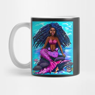 Black mermaid with flowing locks singing , brown eyes Afro hair and caramel brown skin Mug